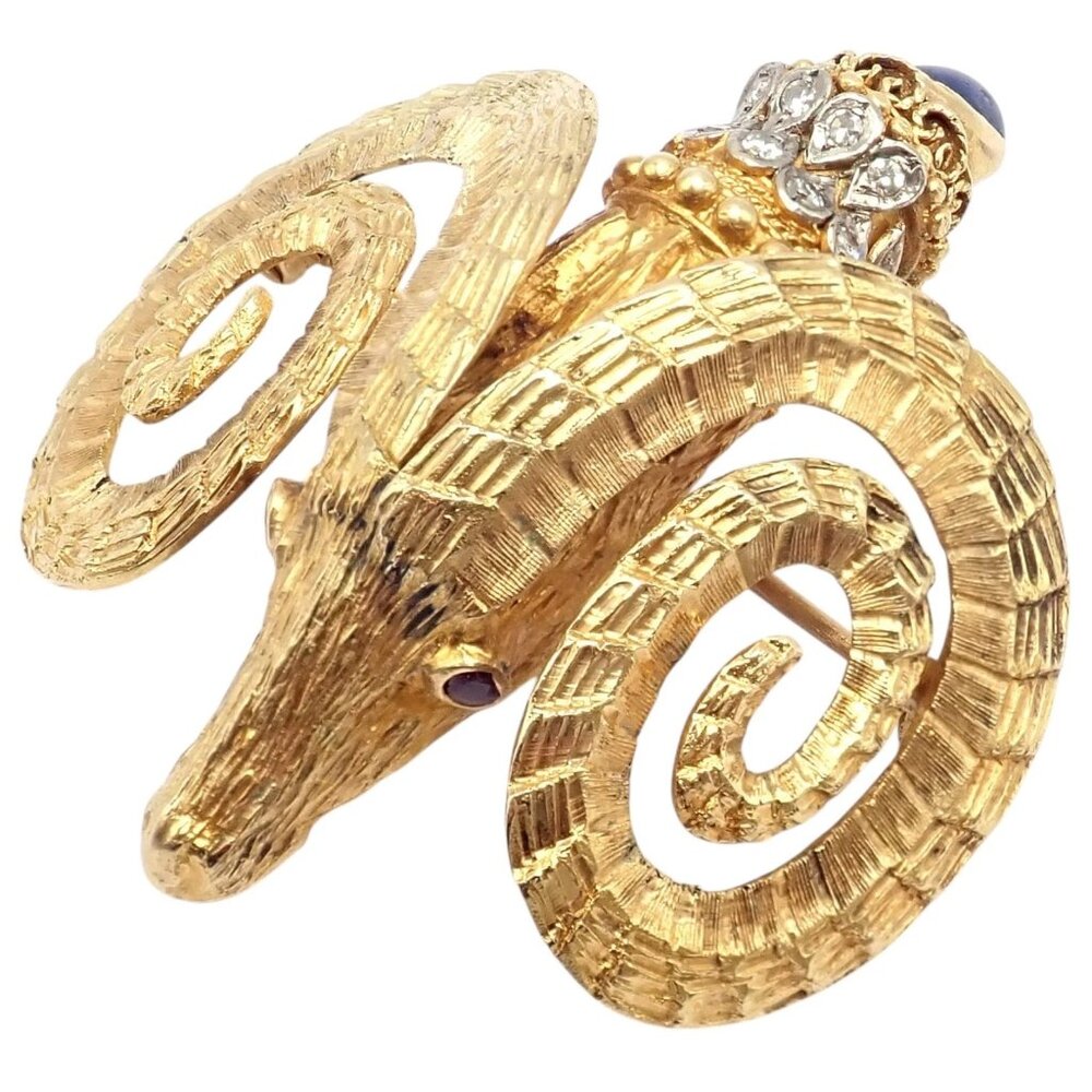 Rare Ilias Lalaounis 18k Yellow Gold Ram Ares Diamond Ruby Sapphire Large Brooch